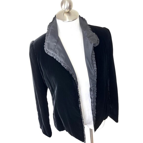 Velvet Jacket Size 42 Black Ruffled Collar Made In Italy Elegant Women's Blazer - Picture 5 of 15